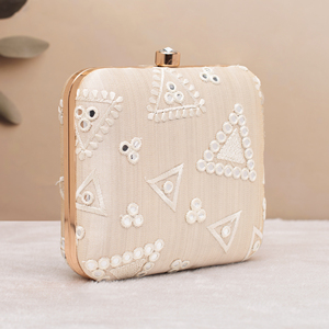 Beige With <b>Mirror</b> & Triangle Embroidery Clutch Bag Elegant Designer Evening Purse for Women Events - Product Image 2
