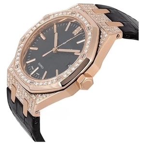 Montre mécanique haut de gamme pour homme, ton or rose, lunette sertie de diamants, bracelet en cuir noir de luxe, verre saphir, montre en moissanite - Product Image 2