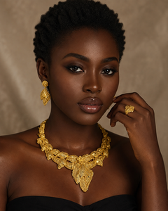 Parure de bijoux élégante plaquée or 24 carats avec pendentif feuille florale, collier, boucles d'oreilles et bague, idéale pour mariages africains, fiançailles et fêtes - Product Image 3