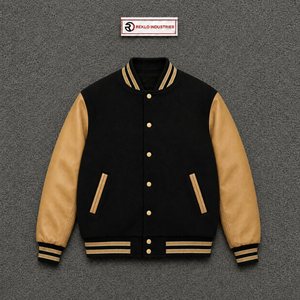 Chaqueta Varsity Negra de Lana con Mangas de Cuero Beige, Chaqueta Bomber de Béisbol Personalizada con Letras, para Hombre y Mujer, Venta al Por Mayor, Corte Clásico - Product Image 5