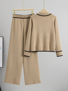 Ensemble décontracté deux pièces pour femme Automne Hiver 2026 Nouveau modèle respirant en tricot Spandex à motif uni avec col à revers et pantalon large - Product Image 2