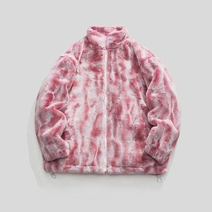 เสื้อแจ็คเก็ตผ้าฟลีซผู้ชายสีชมพู ลายมัดย้อม คอตั้ง ปิดด้วยซิป ทรงหลวม เสื้อคลุมหนา แขนปกติ แบบพาร์กา - Product Image 3