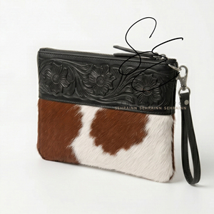 SEHRAINN Cowhide <b>Wristlet</b> Clutch Floral Embossed Leather Zipper Pouch Women's Vintage Handmade Bag All Seasons Daily Use - Product Image 2