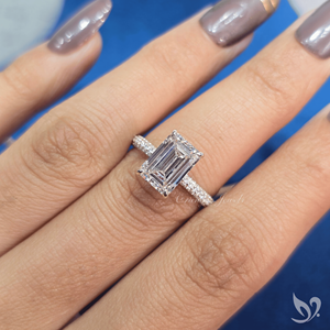 3CT Emerald Cut Lab Grown Diamond Ring Three Row Pave Band Bold <b>Step</b> Cut Center Luxury Design 10K White Gold Bridal Ring - Product Image 4