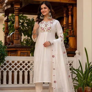 Conjunto de Kurti, Pantalón y Dupatta de Seda de Mango y Viscosa de Lujo con Bordado – Ropa Étnica Premium para Reino Unido, Estados Unidos y Canadá - Product Image 1