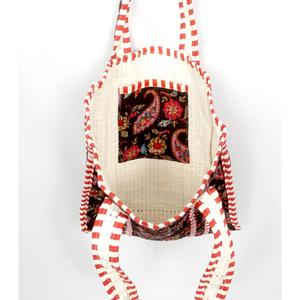 Sac fourre-tout en velours WOODEN BLOCK CRAFT INDIA avec poignées rayées rouge et blanc, dessus ouvert, doublure en coton, pour le shopping toutes saisons - Product Image 5