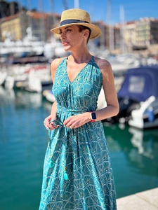 เดรสสไตล์โบฮีเมียนขายส่ง เดรสแขนกุดยาวปานกลาง เดรสยาวลำลองสำหรับฤดูร้อน เดรสพิมพ์ลายคอวี - Product Image 3