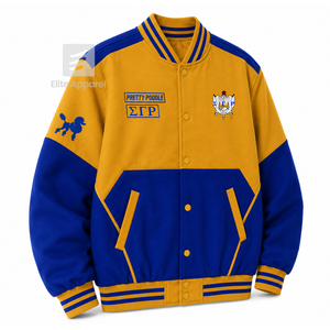 Chaqueta cortavientos personalizada de la hermandad Sigma Gamma Rho con logo bordado en azul y dorado, estilo casual para mujer con forro de poliéster. - Product Image 2