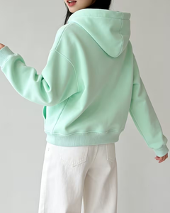 Women's Light Blue Eco-Friendly Fleece Hooded Sweatshirt Solid Color Polyester/Cotton Blend Knitted Casual Pullover Front Pocket - Product Image 6