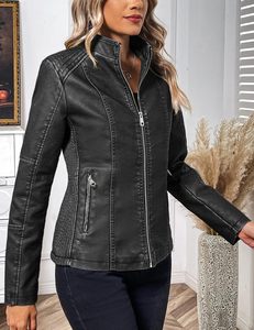<b>Women</b> Faux Leather Motorcycle Coat Stand Collar Soft Lining <b>Spring</b> Fall <b>Jacket</b> OEM Manufacturer - Product Image 4