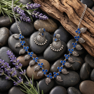 DIVYORO Women's Ornate Leaf-Pattern Royal <b>Blue</b> Embellished Stone Oxidized Silver Long Adjustable <b>Necklace</b> From Orissa-Gift - Product Image 2