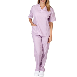 Women's Pink V-Neck <b>Scrub</b> <b>Top</b> Pockets Matching Pants Hospital Uniform Set 100% Cotton Woven Fabric Needle Detection Seamless - Product Image 2