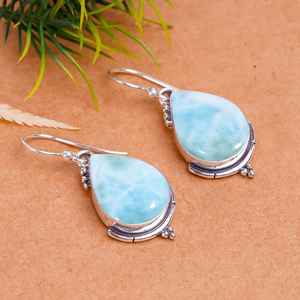Boucles d'oreilles pendantes en larimar, argent sterling 925, pierre précieuse en forme de poire, bijoux faits à la main, cadeau de luxe pour femmes - Product Image 4