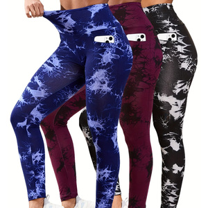 Set of Three Ultra-Soft High-Waisted <b>Tie</b>-<b>Dye</b> <b>Leggings</b> Featuring Pockets for Women. Designed for Tummy Control - Product Image 2