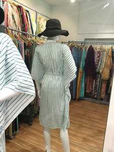 V-Neck Striped <b>Kaftan</b> Dress With Drawstring Elastic Waist Loose Fit Cap Sleeve Midi Length 100% Cotton <b>Summer</b> Casual Wear - Product Image 3