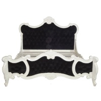 Cadre de lit antique sculpté à la main en bois massif peint en blanc et en tissu de velours noir pour meubles de chambre à coucher et d'hôtel européens