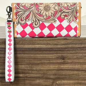 Portefeuille-pochette vintage 2026 en cuir de vachette véritable fait main, motif floral et à carreaux, style western pour femme - Product Image 5