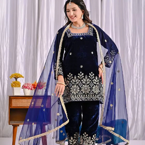 New Fashionable Modern Traditional Indian Look Heavy Chinnon Viscose Velvet Salwar Kameez Embroidery <b>Sequin</b> Work Quick Dry All - Product Image 1