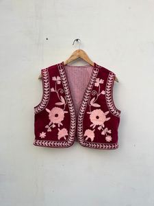 Red Embroidered Suzani Velvet Short Jacket Statement Outerwear Coat Velvet Blazer Unisex Jacket Gift For <b>Wife</b> Bridal Jacket - Product Image 2