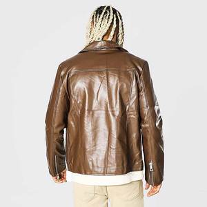 Chaqueta de Motociclista de Cuero Genuino Marrón para Hombre, Cuello Camisero, Cierre de Cremallera, Corte Regular, Color Sólido, para Otoño - Product Image 2