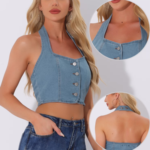 Tops cortos de mezclilla para mujer, los más vendidos, con botones, ajustados, cuello cuadrado, sin espalda, camisetas sin mangas de mezclilla para fiesta - Product Image 6