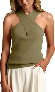 Women's Criss-<b>Cross</b> Neck Knitted Tank <b>Top</b> Solid Black Breathable Minimalist Style Regular Length Spandex Polyester Blend - Product Image 2