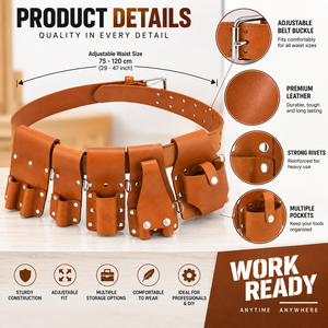 Ceinture à outils en cuir de qualité supérieure, robuste, avec plusieurs poches, taille réglable, pour charpentier professionnel, électricien, organiseur d'outils - Product Image 3