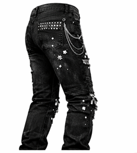 กางเกงยีนส์เดนิมทรงตรงเอวกลางสำหรับผู้ชายรุ่นพิเศษปี 2026 ตกแต่งลายปักฮิปฮอป ล้างสีแบบสโตนวอช พร้อมรายละเอียดหมุด - Product Image 5