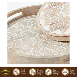 Premium Quality Hot Selling Unique Design White Wash Color <b>Round</b> Shape Mango Wood Food <b>Serving</b> <b>Tray</b> from Indian Manufacturer - Product Image 3