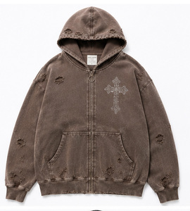Sweat-shirt à capuche zippé oversize pour homme, marron délavé, avec poche brodée en croix, en coton French Terry, style automne - Product Image 1