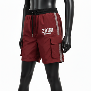 Shorts coupe-vent premium pour femmes, tissu tissé lisse, empiècements latéraux contrastés, poches cargo, logo personnalisé. - Product Image 4