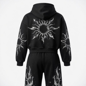 Glory Custom Black Fleece Zip-up Hoodie and Joggers <b>Set</b> with Silver Glitter Sun and Flame Graphic Street Wear Winter Tracksuit - Product Image 4