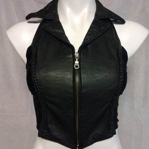 Men's <b>Black</b> Denim Genuine Leather Moto <b>Vest</b> V-neck Collar Quick Dry Breathable Regular Length Solid Color Winter Outerwear - Product Image 5
