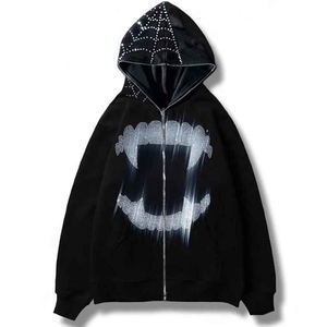 เสื้อฮู้ดซิปพิมพ์ลายโครงกระดูกแบบกำหนดเอง คุณภาพสูง ผ้าฝ้าย 100% เป็นมิตรกับสิ่งแวดล้อม สไตล์โกธิค สตรีทแวร์ ซิปเต็มตัว ลายกราฟิกหัวกะโหลก - Product Image 1