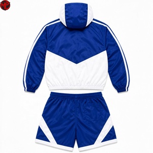 Conjunto Deportivo para Hombre, Chaqueta con Capucha Azul y Blanca con Cierre y Pantalones Cortos, Diseño Color Block, Transpirable, Cortavientos - Product Image 6
