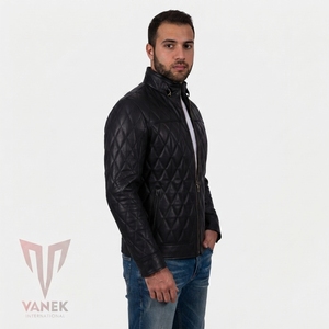 2026 NEW Men's Black Quilted <b>Leather</b> Biker <b>Jacket</b> Stand Collar Zipper Closure Slim Fit <b>Winter</b> Wear Windproof HIGH STREET Style - Product Image 3