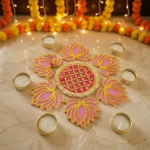 Decoración Rangoli de Loto Rosa Hecha a Mano con Siete Portavelas Dorados para Diwali, Bodas, Festivales, Decoración del Hogar y Pooja - Product Image 6