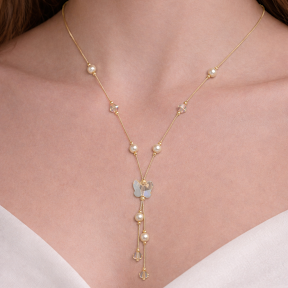 Sofisticado collar en Y con mariposa de oro rosa de 18 quilates, detalles de cristal y perlas de imitación, colgante de moda, joyería elegante para mujer - Product Image 3