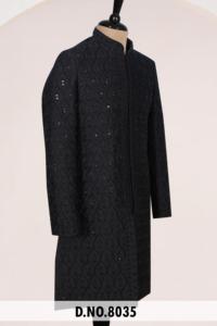 Sherwani Indo-Occidental de Luxe pour Homme, en Jacquard Texturé Noir Nuit, Orné de Paillettes, pour Réception Royale et Tenue de Marié - Product Image 3