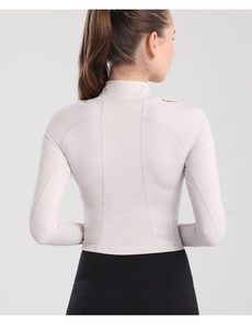 Haut de yoga à col montant, manches longues, fermeture éclair, coupe courte, anti-transpiration, confortable, pour femmes, à prix avantageux. - Product Image 3
