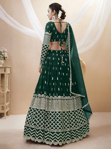 Robe de soirée en georgette verte à paillettes, brodée, avec chemisier fleuri et jupe plissée pour banquet - Product Image 4