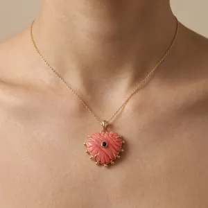 Best Selling 18K Gold Plated Brass Heart Shape Claw Setting Synthetic Rhodochrosite & Black CZ <b>Cable</b> Chain Necklace - Product Image 4