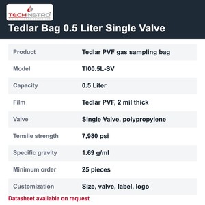 Bolsa de muestreo de gases TECHINSTRO Tedlar de 0.5 litros con válvula única de película PVF, a prueba de fugas, para muestreo de gases en aire, VOC, humos y suelo - Product Image 6