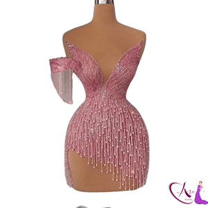 Luxury Pink Handmade <b>Sequined</b> Beaded Fringe Mini Dress | Deep V Neck One Shoulder Bodycon Evening Dress with Built-in <b>Bra</b> - Product Image 4