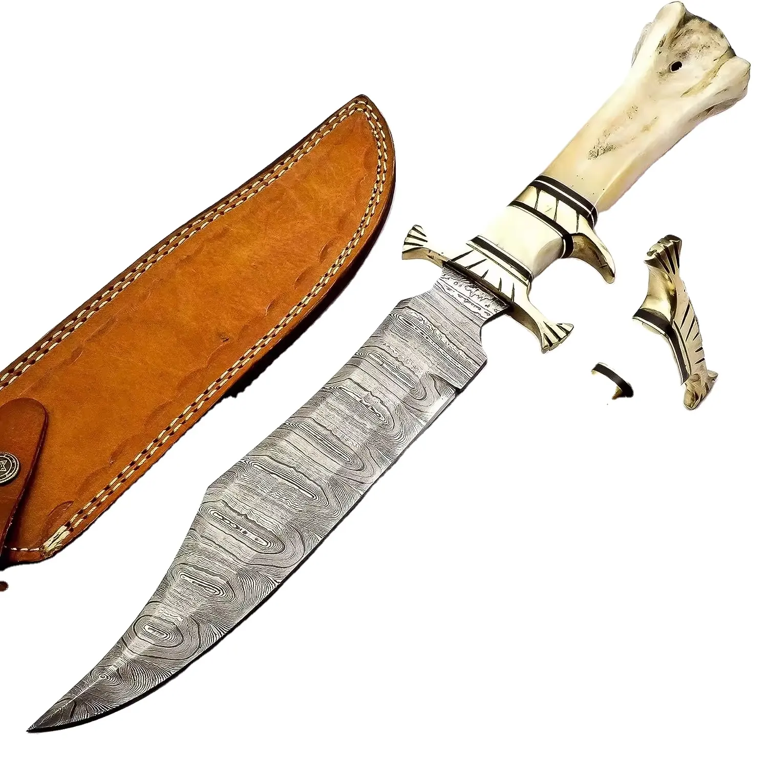 Premium Quality Damascus Steel Strong Blade Outdoor Camping Knife for Hunters Beautiful Wood Bone Handle Bowie Knife With Sheath