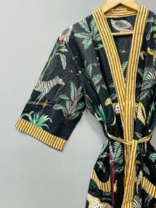 Robe kimono décontractée de luxe en coton pur, faite à la main en Inde, avec ceinture, style japonais, sans manches, été/hiver - Product Image 3