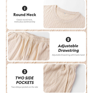 Ensemble T-shirt et short en coton pour homme, col rond, tricoté géométrique, tenue décontractée deux pièces, respirant, beige clair, vente en gros - Product Image 4