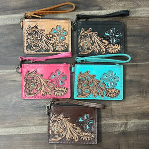 Cartera de Cuero Genuino Hecha a Mano con Diseño Floral y de Mariposas en Rosa y Turquesa, Portamonedas y Tarjetero para Uso Diario Femenino - Product Image 3