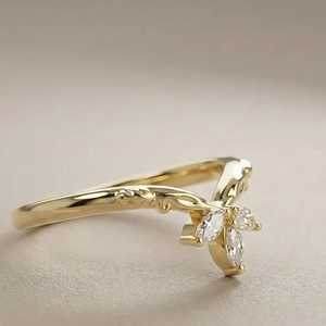 Floral Marquise Cut <b>Diamond</b> Leaf <b>Ring</b> For Women's Lab Grown 18k Yellow Gold Fine Anniversary Engagement Party Occasion Gift Her - Product Image 3