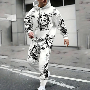 Men <b>White</b> Black Print Hooded <b>Tracksuit</b> Full Sleeve Loose Fit Streetwear With Drawstring Closure Side Pockets Autumn Casual Wear - Product Image 1